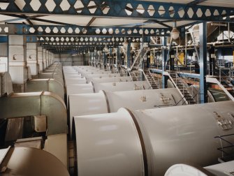 Drum Room:  general interior view from ESE of odd-numbered rotating maltings drums