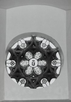 Interior.
View of circular stained glass window in E wall.