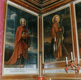 Interior.
Detail showing paintings of St Peter and St Andrew in chapel.