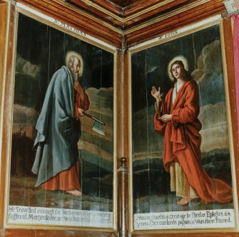 Interior.
Detail showing paintings of St Mathias and St John in chapel.
