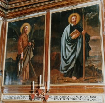 Interior.
Detail showing paintings of St Andrew and St Thomas in chapel.