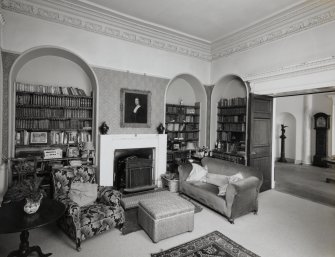 Interior.  Ground floor, view of library.