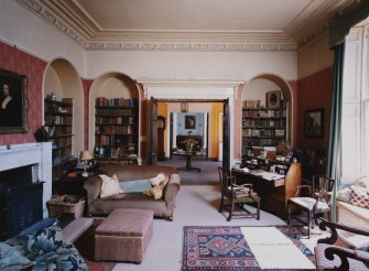 Interior.  Ground floor, view of library showing enfilade of S flank apartments.