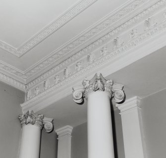 Interior.  Ground floor, dining room, detail of columns and entablature of sideboard recess.