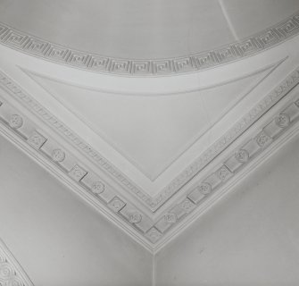 Interior.  First floor, stairway, detail of ceiling plasterwork at angle.