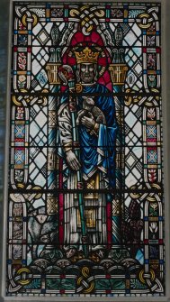 Interior.
Detail of stained glass by A L Russel in memoory of Rev J Kirkland Cameron depicting Christ the good shepherd.