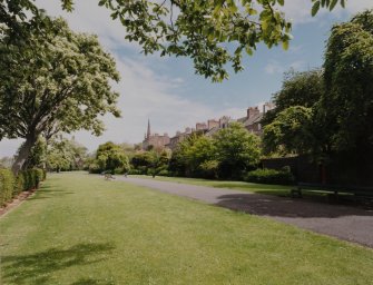 General view of SW end of Old Town walls and the rear of Bridge Street from SW.