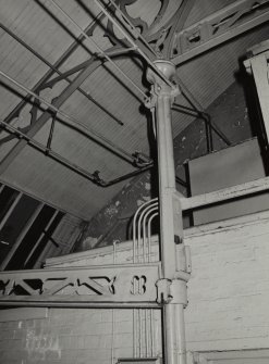 Tayburn Works, Dundee. View of cast-iron column and ornate roof truss in roof of high section of works.