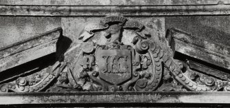 Dundee, Broughty Ferry, Camphill Road, Carbet Castle, interior.
Detail of pediment of South Bay Window of Ground Floor featuring Coat of Arms of Joseph Grimond.