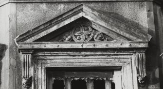 Dundee, Broughty Ferry, Camphill Road, Carbet Castle.
General view of specimen window pediment with foliate roundels.