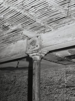 Exchange Street Building. Interior.
Detail of column head on ground floor at West end of block, with lath and plaster ceiling, columns are 0.16m dia, are at 3.3m centres, and have saddles for beams 330mm deep by 250mm wide.
