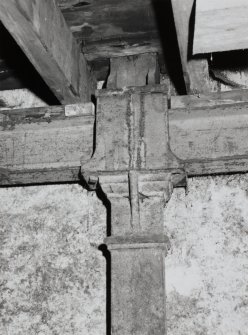 Exchange Street Building. Interior.
Detail of rectangular cast-iron column in basement (180mm wide by 130mm deep) at North-East wall. The cast-iron saddle contains a cast-iron 'I' section cross beam 200mm deep by 160mm wide across its bottom flange.