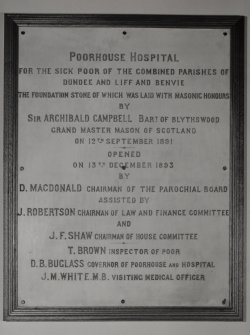 Interior. Patients dining room. Detail of memorial plaque with inscription "Poorhouse Hospital. For the Sick Poor of the Combined Parishes of Dundee and Liff and Benvie. The Foundation Stone of Which Was Laid With Masonic Honours By Sir Archibald Campbell Bart of Blythswood [...] "