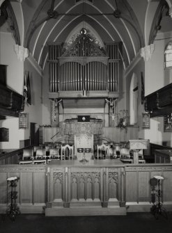 Interior view of organ and pulpit from North.