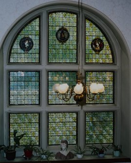 Interior view of Archerfield House. Stair hall stained glass window