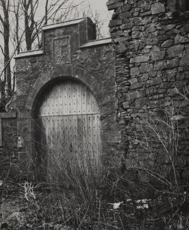 Balthayock Castle.
Detail of East forestair and inscriptional panel.