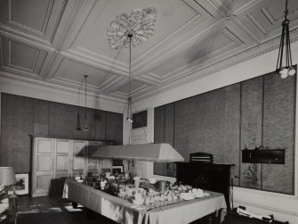 Ballindean House.
General interior view of Billiard Room, billiard table covered and containing crockery and glasses.