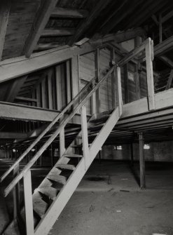 Blackford, Moray Street, Gleneagles Brewery & Maltings, interior.
View of top floor of maltings and storage bins showing cast iron columns and sheet metal chutes leading from the bins.