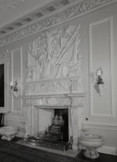 Interior. 1st floor. Dining room. Detail of fireplace and overmantle