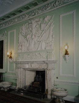 Interior. 1st floor. Dining room. Detail of fireplace and overmantle