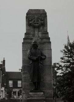 Detail from SE showing statue of First World War serviceman and lower shaft of column