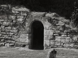 Exterior view of doorway at W end of S wall.