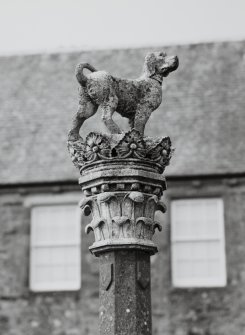 Detail of statue of dog and crown on top of fountain.