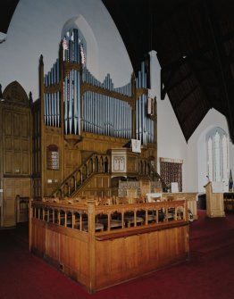 Interior, view of platform showing organ and pulpit