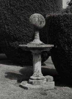 Fingask Castle, statuary.
General view of ornamental globe in grounds.