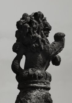 Fingask Castle, Perth Mercat Cross.
Detail of lion and crown at top of Mercat Cross on South-West lawn.