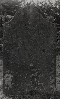 View of tombstone to James Thomson (rear) with "1784 HERE RESTS THE DUST AND ASHES OF JAMES THOMSON.  LET TENNANT IN DONVORIST WHO DIED APRIL TH II 1780 AGED 67 YEARS.  ERECTED BY HELLEN STUART LAWFUL SPOWSE TO THE ABOVE"