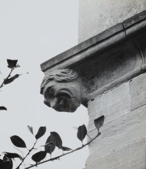 Kinfauns Castle, East Lodge.
Detail of carved head on cornice below parapet wall of tower on South-East angle.