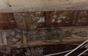 Kinross, 75 High Street, interior.
Detail of 17th century painted beam in North basement room.