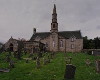 View of Church with tower and spire from SE showing Aisle and Lynedoch Mausoleum at left