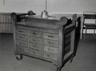 Perth, Glover Street Works, Messrs. Dewar Distillery, interior.
North office block, view of tea trolley.