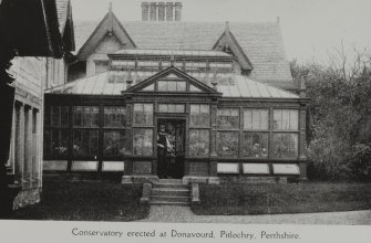 Photographic copy of illustration in Mackenzie & Moncur's Catalogue of Horticultural Buildings, 1907 of conservatory.
Insc: 'Conservatory erected at Donavourd, Pitlochry, Perthshire'.