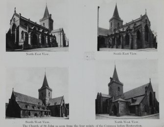 Perth, St John's Place, St John's Church.
4 views of St John's Church, titled: "The Church of St John as seen from the four points of the Compass before Restoration".
General view from North-East, titled: "North-East View".
General view from South-East, titled: "South-East View".
General view from South-West, titled: South-West View".
General view from North-West, titled: "North-West View".