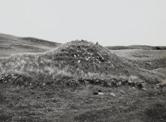 View of mound at Chapel site, from West, on Isle of Pabbay.
