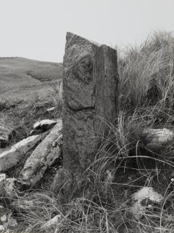 Oblique view of rear of cross-marked stone, number.3, from Chapel site on Isle of Pabbay.