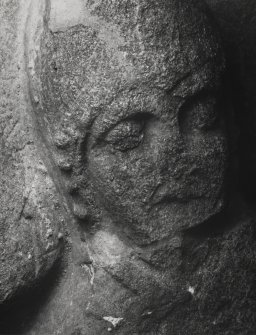 Interior.
Alexander Macleod tomb, detail of bascinet on effigy's right side.