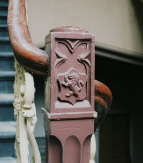 Interior. Main staircase, detail of carved lion on newel post