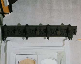 Interior. Ground floor, dining room, detail of carved wooden pelmet