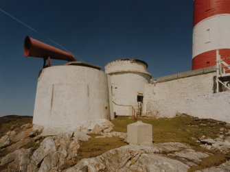 View from ESE of fog horn (left), and original light tower (centre) with base of new tower visible (right)
