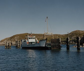 View from W of Isle of Rhum ferry moored at the Scalpay side, prior to moving into position to receive cars and foot passengers