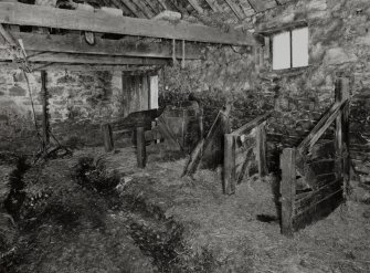 Steading, W range, byre, view of interior from N
