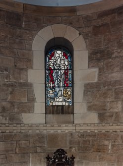 Edinburgh, East Fettes Avenue, St Luke's Parish Church, interior.
Detail of stained glass window on the West wall with Virgin and Child.