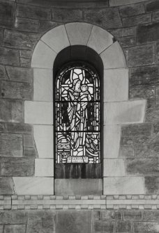 Edinburgh, East Fettes Avenue, St Luke's Parish Church, interior.
Detail of stained glass window on the West wall with Virgin and Child.