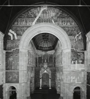 Interior. General view of mural on chancel arch depicting the Multitude of the Redeemed, the Perfected Church,  the Holy Angels, the Four Great Cherubim and the Four Evangelist symbols