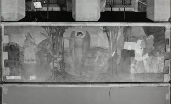 Interior. Nave, view of mural depicting scenes from the Book of Genesis; Noah making his Covenant with God, the dream of Abraham and Abraham and Isaac.