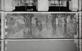 Interior. Nave, view of mural depicting scenes from the Book of Genesis; the Temptation of Adam and Eve, the Expulsion from Eden and Cain and Abel.